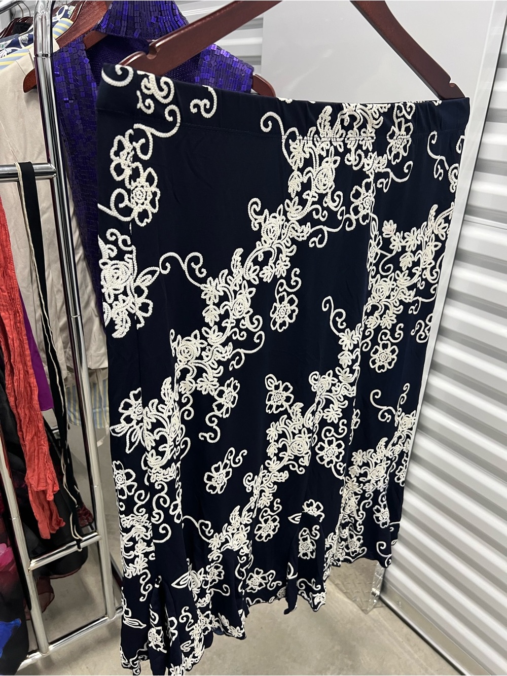 SJS Navy Maxi Skirt with Cream Floral Lace Print